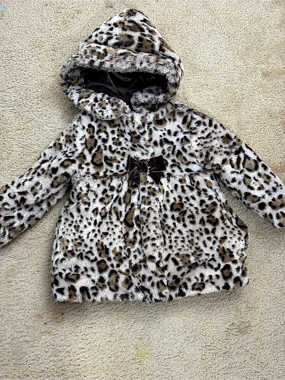 Pistachio Leopard Faux Fur Hooded Coat, Brown & White